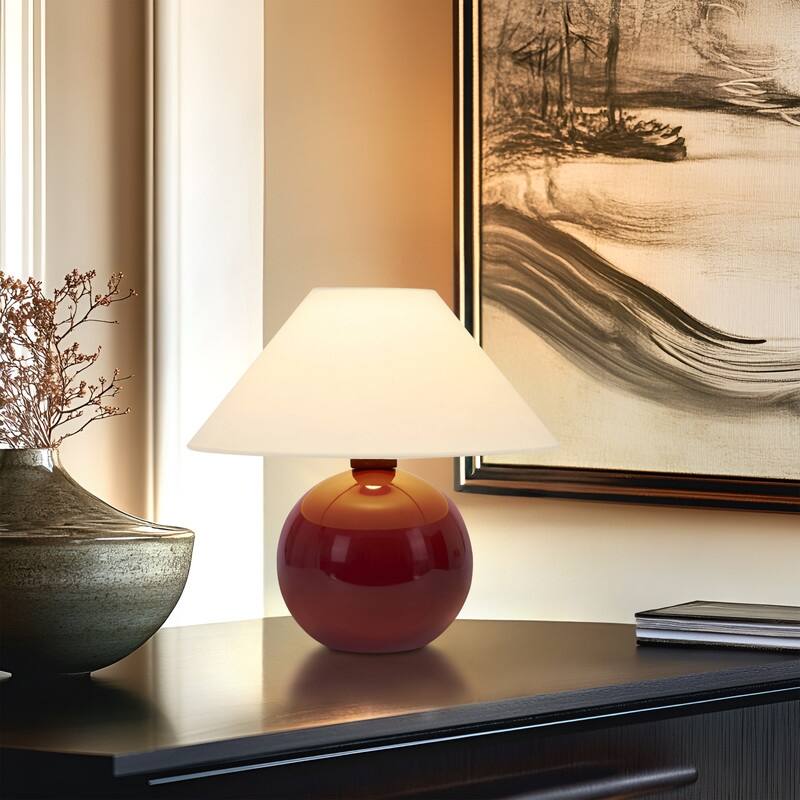 Brightech Fiona LED Glossy Red Ceramic Midcentury Round Globe Bedside Nightstand Desk Lamp with Cream Cotton Empire Shade