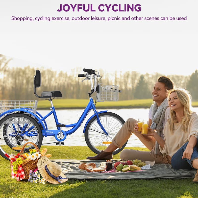 26" Blue 7 Speed Adult Tricycle 3 Wheel Bikes with Removable Baskets