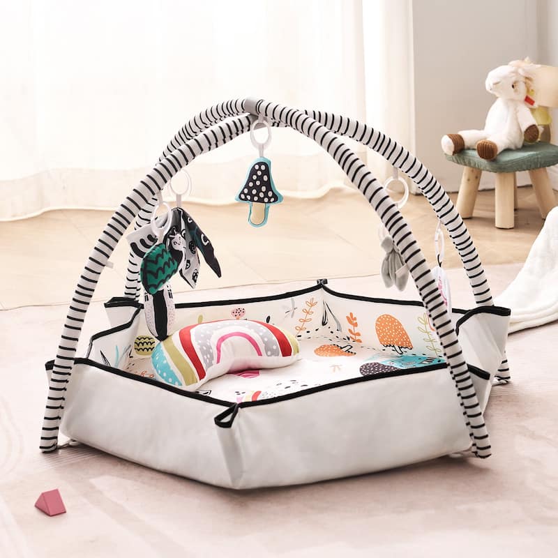 Multi-Color Large Play Area Baby Play Mat with 6 Hanging Sensory Toys and Soft Tummy Pillow - 41.7” x 41.7” x 21.9”