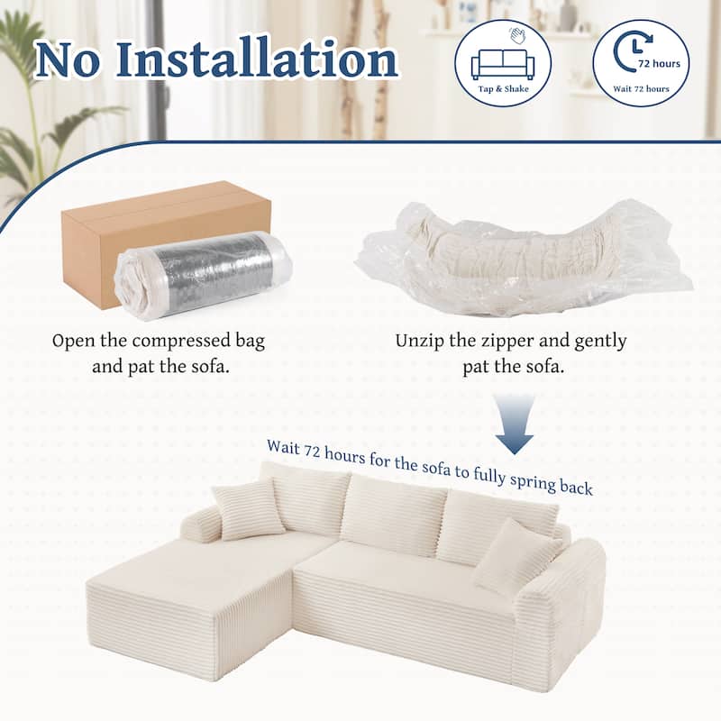 Modular Cloud Sectional Couch with Chaise, Corduroy Upholstered Boneless Sofa, Full-Compression Sofa with 2 Throw Pillows
