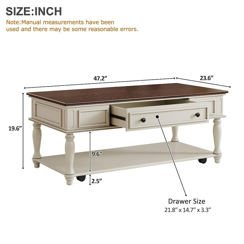 Farmhouse Coffee Table with One Drawer,Solid Wood Legs and Lockable Wheels