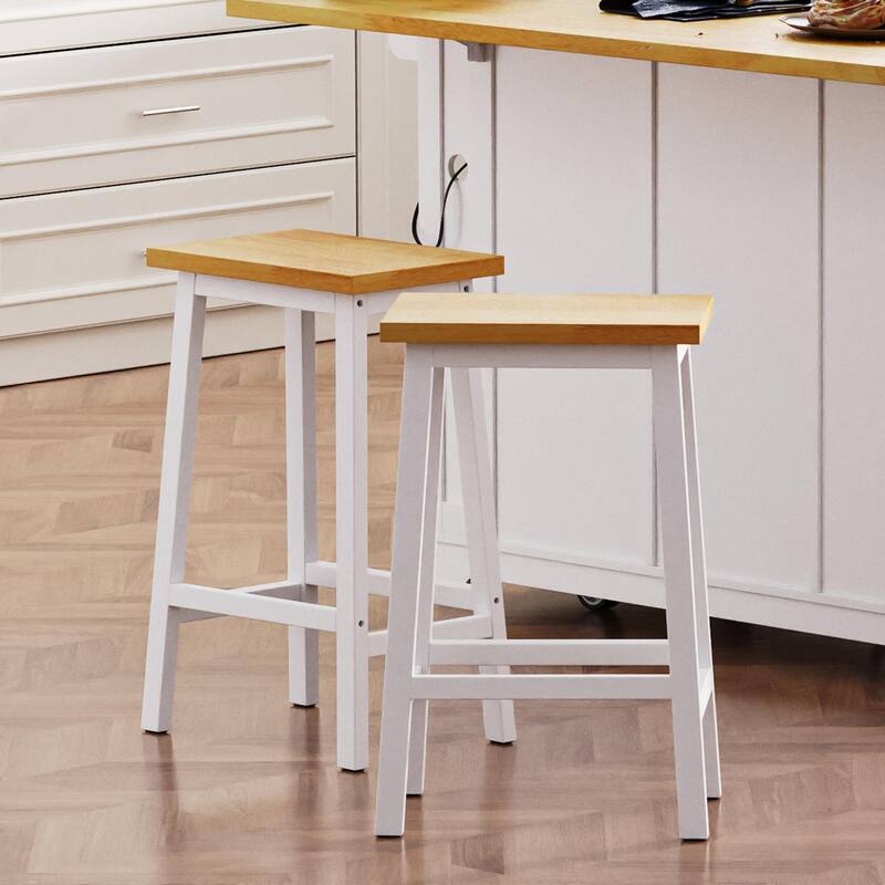 Roomfitters Set of 2 Counter Height Stools, 25.6" A-Frame Solid Wood Bar Stools with Contoured Wood Seat & Footrest - White