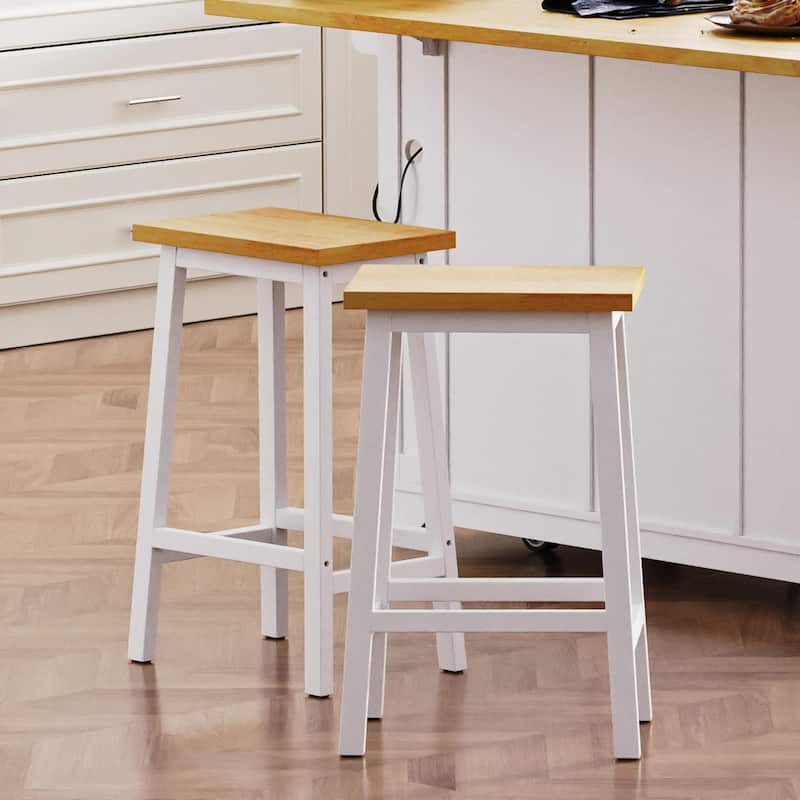 Solid Wood Bar Stools (Not Cheap Iron), 25.6" Tall Set of 2 Bar Chairs, Kitchen Counter Stools with Footrests - White