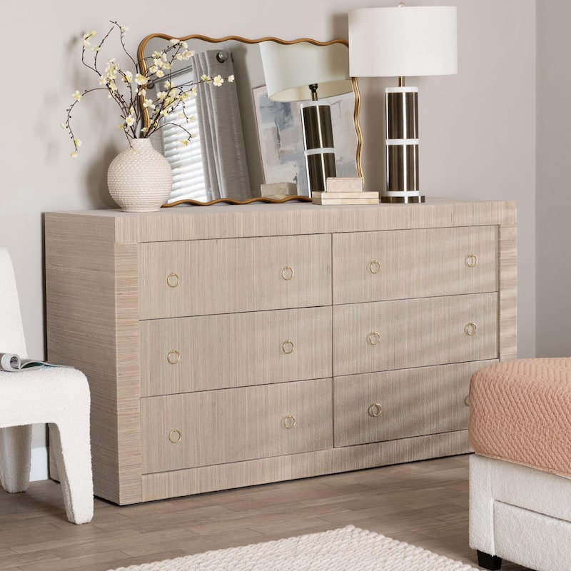 Sage Natural Grasscloth Dresser - 6-Drawer Bedroom Storage Cabinet with Gold Ring Pulls, Modern Coastal Chest of Drawers