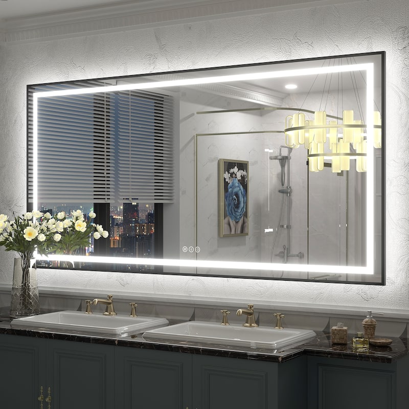 Black Metal Framed LED Front Light and Backlit Anti-Fog Wall Bathroom/ Vanity Mirror - 60" x 30"-Square Corner - Black