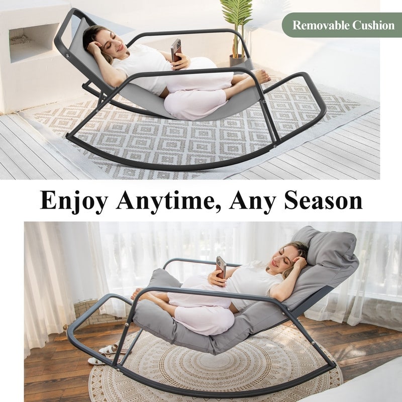 FINCATI Outdoor Patio Oversized Rocking Chair Papasan, Comfy Rocking Lounge Chair, Metal Rocking Chair with Cushion