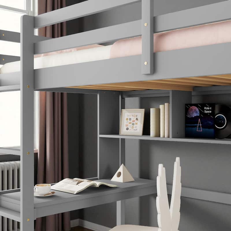 Twin Size Loft Bed with Desk and Shelves, Solid Pine Wood Frame with Guardrails and Built-in Ladder