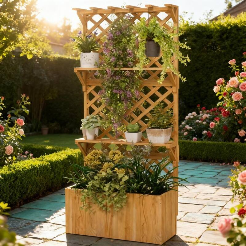 Wooden Multi-Functional Planter Box with Trellis Roof and Shelves - Natural Wood