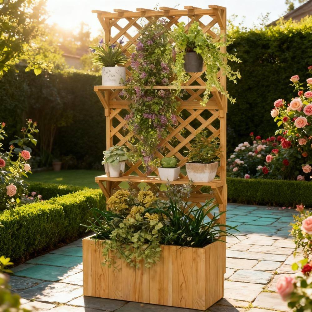 Wooden Multi-Functional Planter Box with Trellis Roof and Shelves