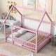 preview thumbnail 2 of 6, Pink Full Pine Floor Bed with Roof Frame and Fence Guardrails