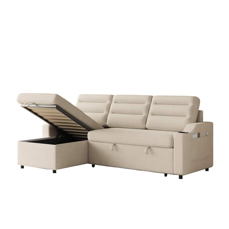 83.5" Fabric Convertible 3-Seater Sleeper Sofa with Pull-Out Bed, Recliner, Storage Pocket, and Cup Holder