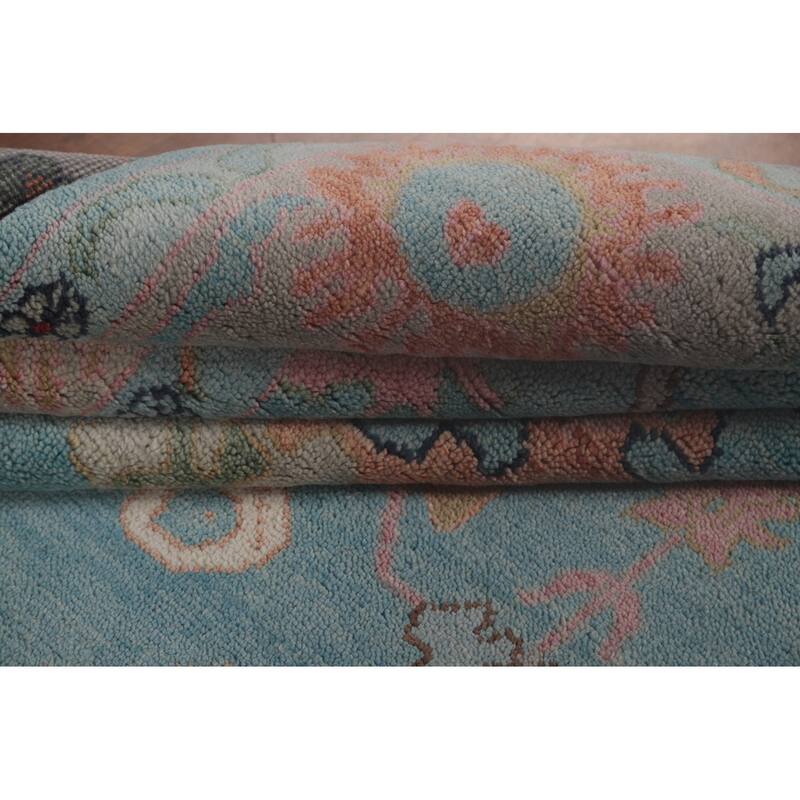 Light Blue Floral Oushak Oriental Area Rug Hand-Knotted Wool Carpet - 8'11" x 11'8"