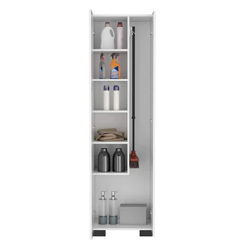 Slim White Utility Broom Cabinet - Double Doors, Broom Hangers, and Adjustable Shelves for Compact Spaces