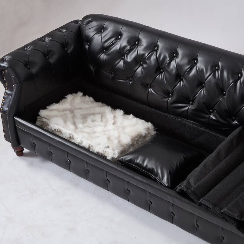 Faux Leather Upholstered Sofa with Storage, Chesterfield Tufted 3 Seater Sofa, Sofa Chair with Rolled Arms & Solid Wood Legs