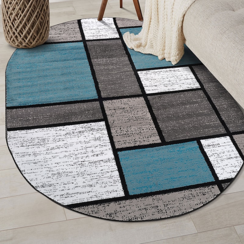 World Rug Gallery Contemporary Modern Boxed Color Block Area Rug - 5'x7' Oval - Light Blue
