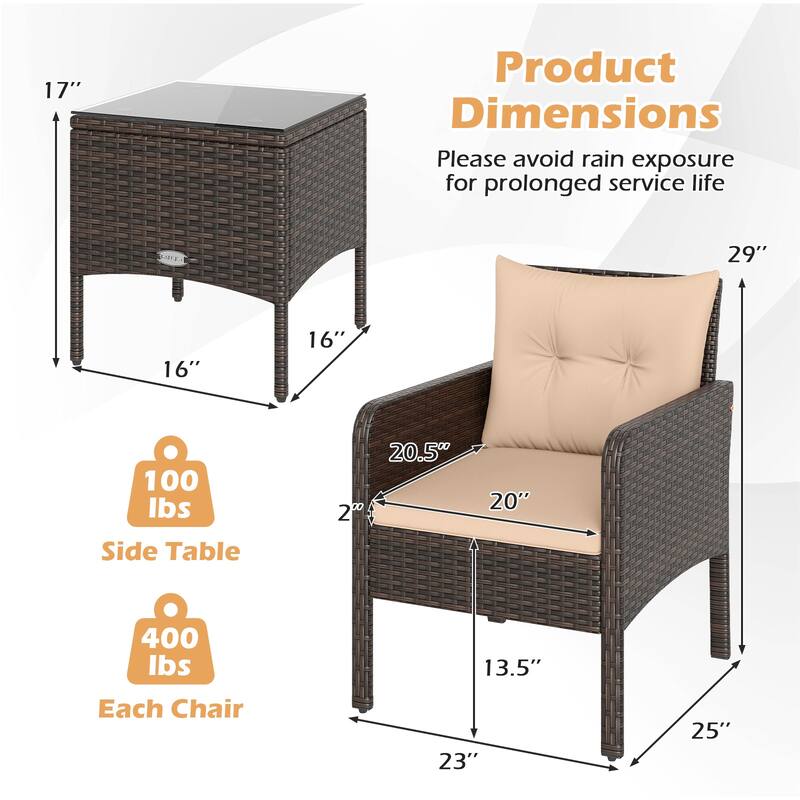 Gymax 3 PCS Patio PE Wicker Furniture Set w/Cushions & Tempered Glass