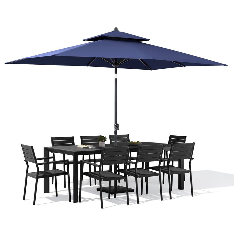 9/11-Piece Outdoor Patio Dining Set Aluminum Dining Table and Stackable Chairs w/10 ft Market Umbrella and Base