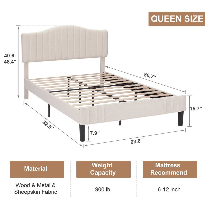 VECELO Upholstered Bed Frames, Platform Beds with Height Adjustable Teddy Fabric Headboard, 7.9'' Under Bed Space