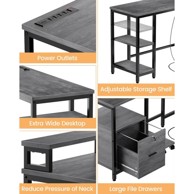 67" L Shaped Gaming Desk with Power Outlets and 2 Monitor Stands