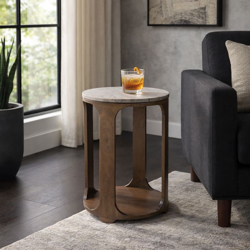 Modern Round Stone Top Accent End Side Table with Wood Base - 22" - 22.25" - Marble - 22.25" - Brown/ Tan