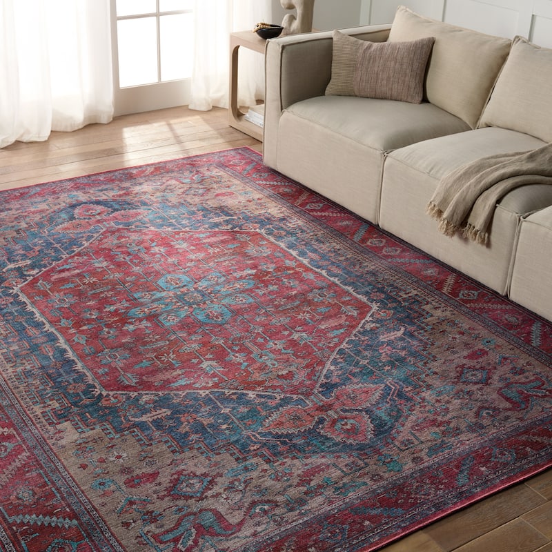 Fairbanks Machine Washable Medallion Red/ Blue Area Rug