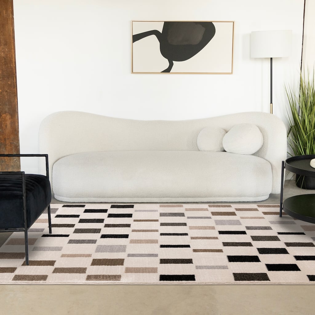 Black Grey White Taupe Rectangle Rows High-Traffic Rug