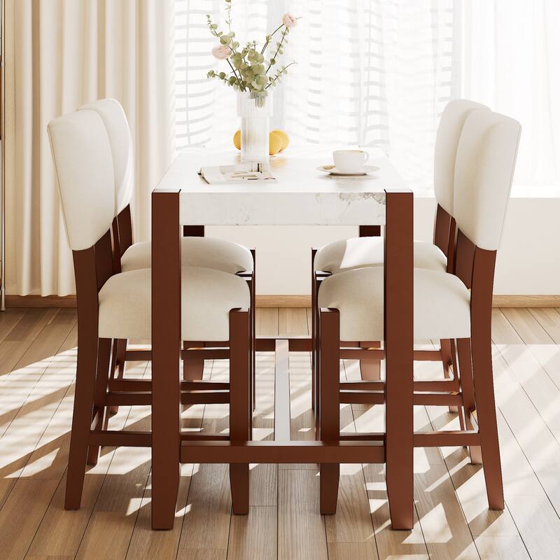 5-Piece Counter Height Dining Table Set for 4, Faux Marble Bar Table and 4 Upholstered-Seat Chairs