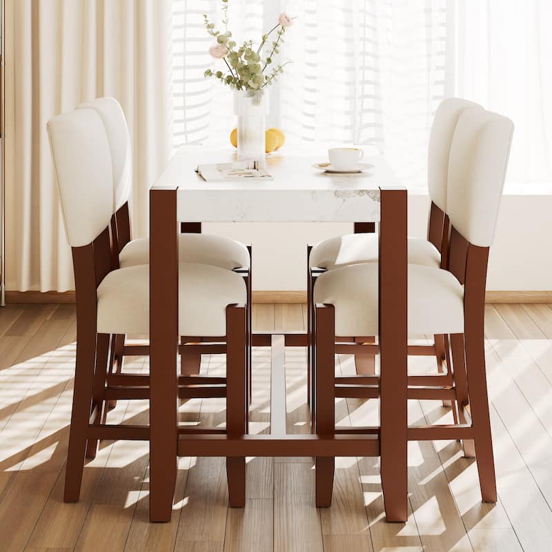 Roomfitters 5-Piece Counter Height Dining Table Set, Faux Marble Bar Table with 4 Upholstered Chairs, Space Saving, Beige Brown