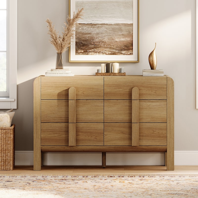 5 Pcs Wood Dresser and Nightstand Sets for Bedroom，Mid-Century Modern Bedroom Set with Curved Profile Design