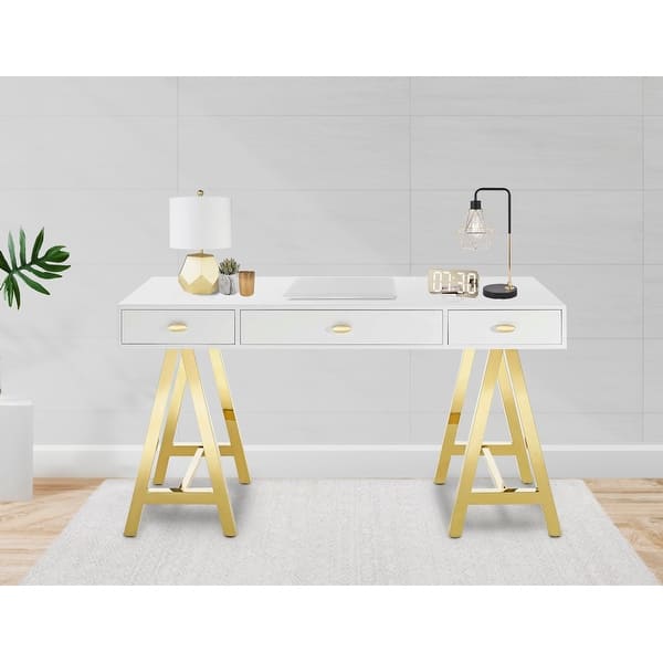 Hatfield Modern White High Gloss Home Office Computer Writing Desk with Gold Metal Legs Bed