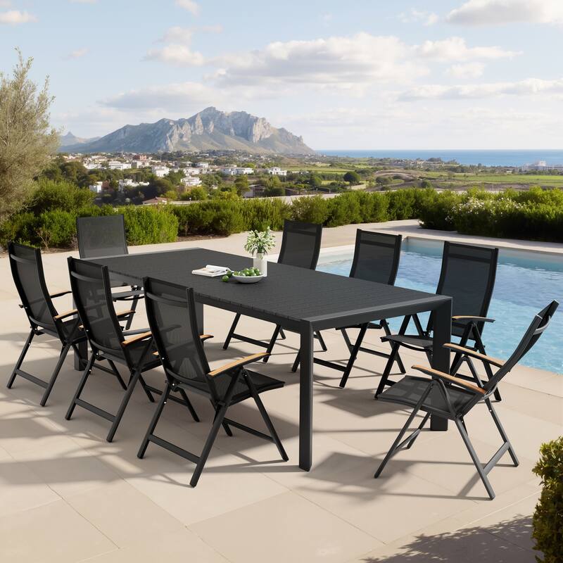Set of 9 Outdoor Patio Dining Set WoodLike Table Top Aluminum Umbrella Hole Table with Folding Chairs