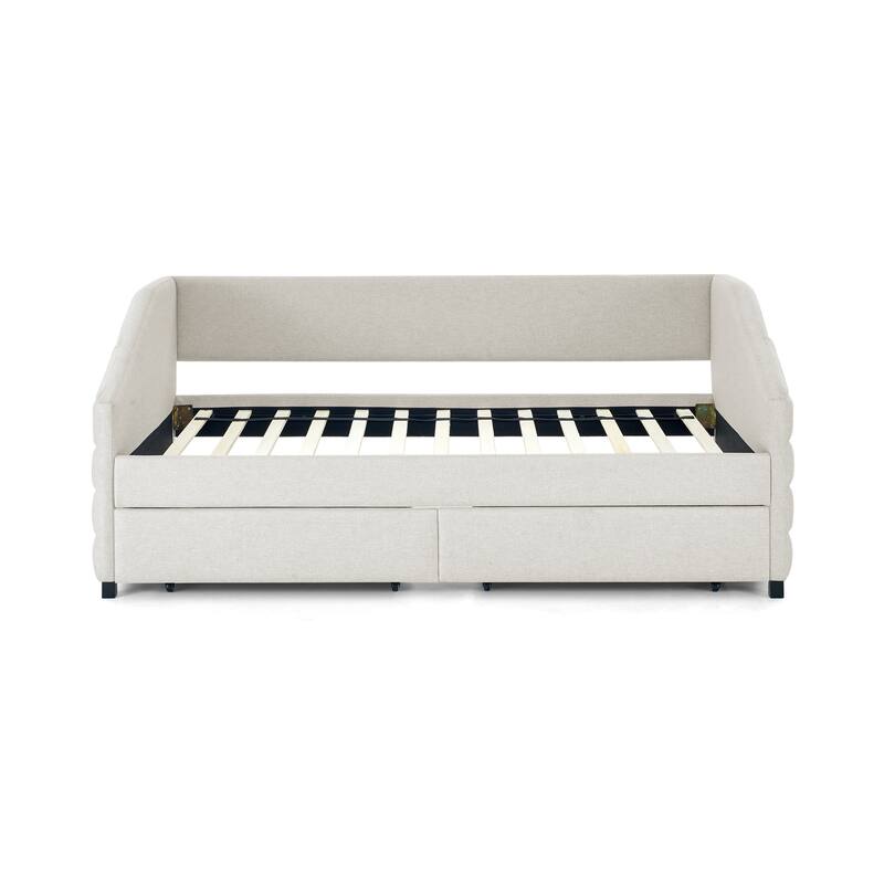 Twin/Full/Queen Size Upholstered Daybed with 2 Drawers, Linen Fabric Upholstered Sofa Bed, Wheeled Storage Daybed w/ Wood Frame