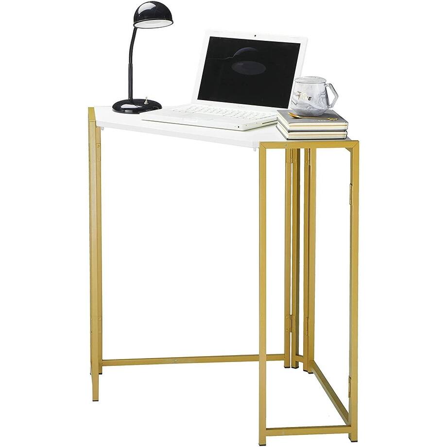 Urban Shop No Tools Assembly Foldable Corner Desk, White Top with Gold Frame