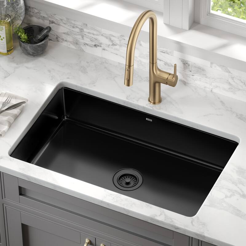 KRAUS Pintura Porcelain Enameled Steel Undermount Kitchen Sink - 31 1/2" x 19" (model KE1US32GBL) - Glossy Black
