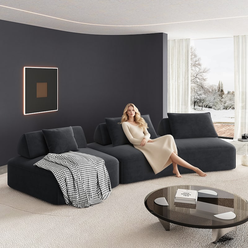 Modern 139" Modular Sectional Sofa Set, DIY Upholstered Fluffy Chenille Sofa, Removable Backrests & Pillows, Deep Seat - Dark Grey