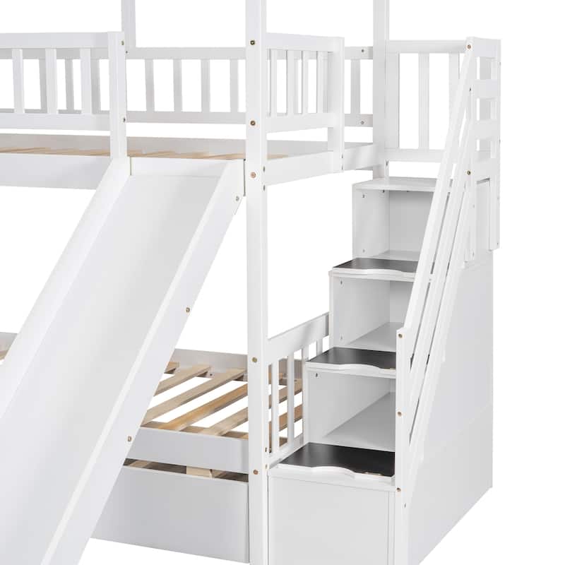 Twin over Twin House Bunk Bed with Trundle & Slide, Storage Staircase