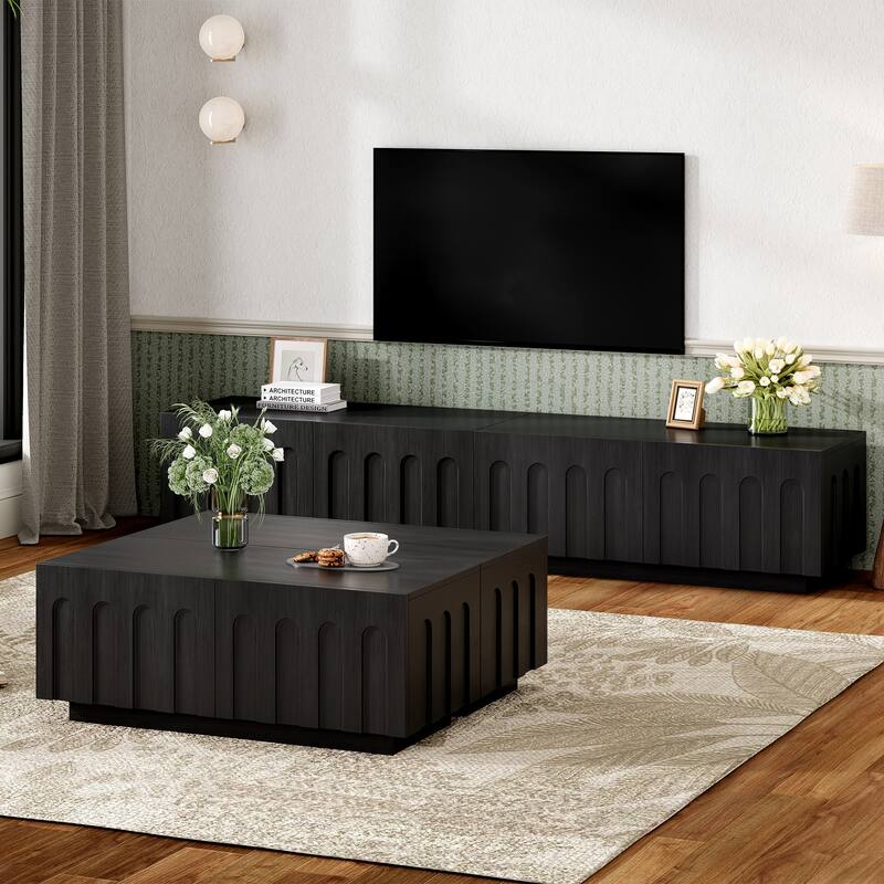 Elegant TV Stand & Coffee Table Set of 2, Multi-Functional Media Console with Arched Design for TVs Up to 80" - Black