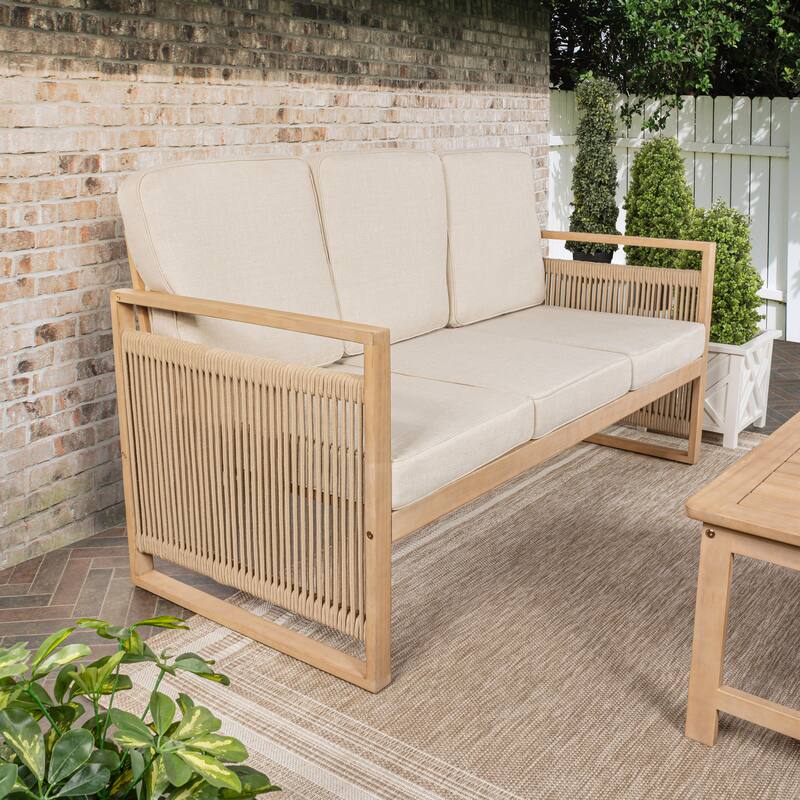 Saranac 3-Seat Mid-Century Modern Roped Acacia Wood Outdoor Sofa with Cushions, by JONATHAN Y