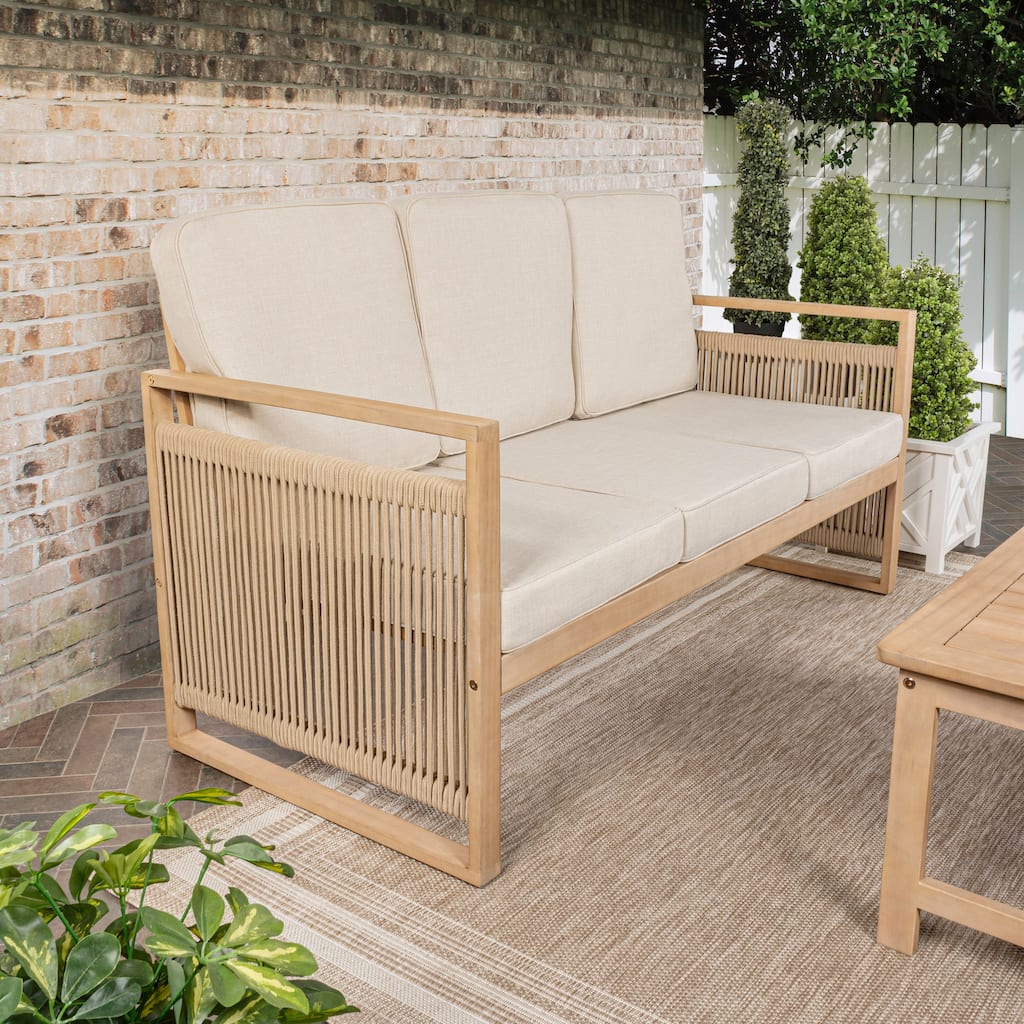 Saranac 3-Seat Mid-Century Modern Roped Acacia Wood Outdoor Sofa with Cushions, by JONATHAN Y
