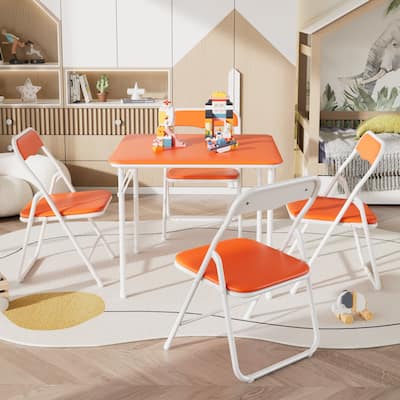 VECELO 5 Pcs Kids Folding Activity Table and Chairs Set, Portable, with Ultra Soft PU Padded Cushion, Matte Black