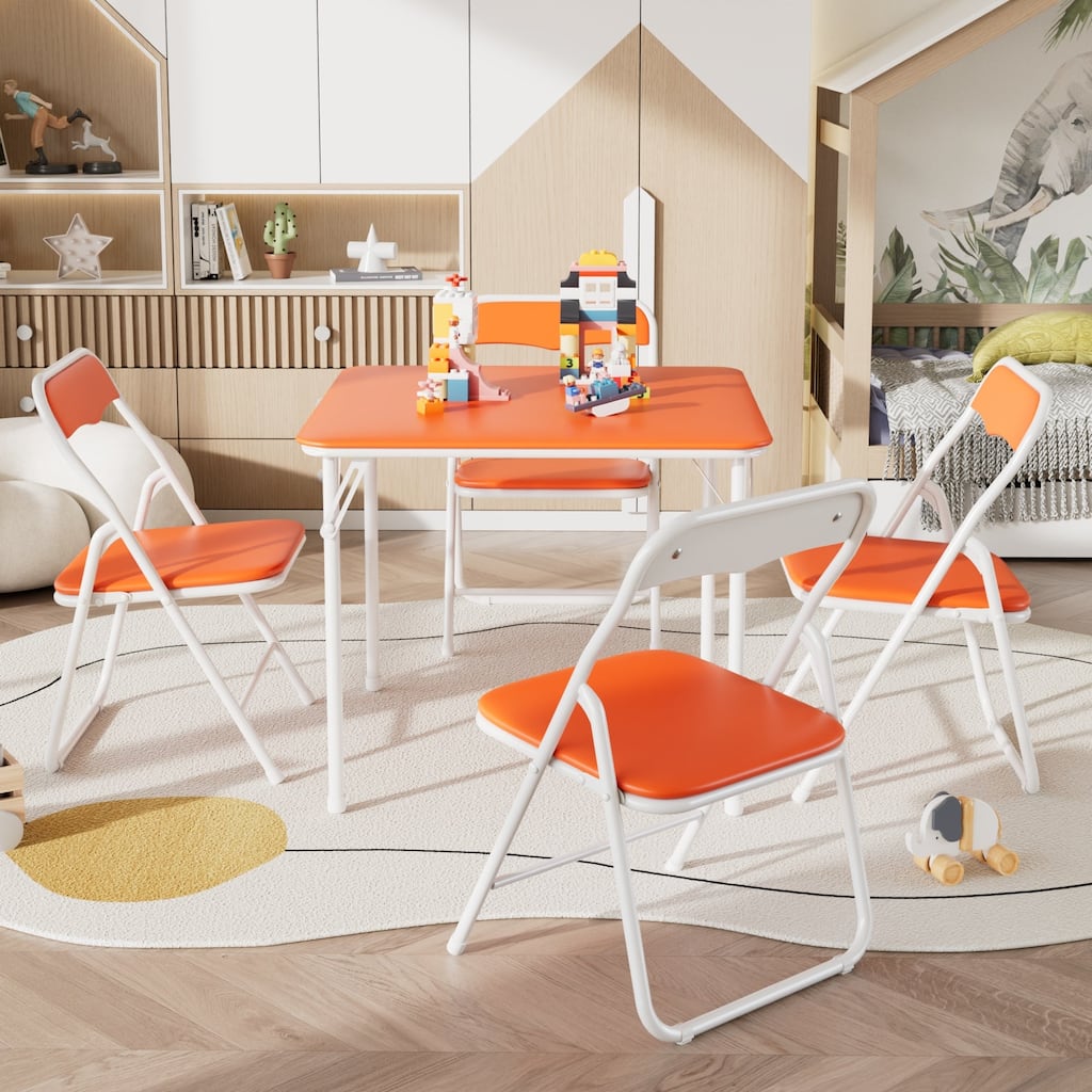 VECELO 5 Pcs Kids Folding Activity Table and PU Leather Chairs Set 6 Color Options Portable 23.8" Square Game Table Set