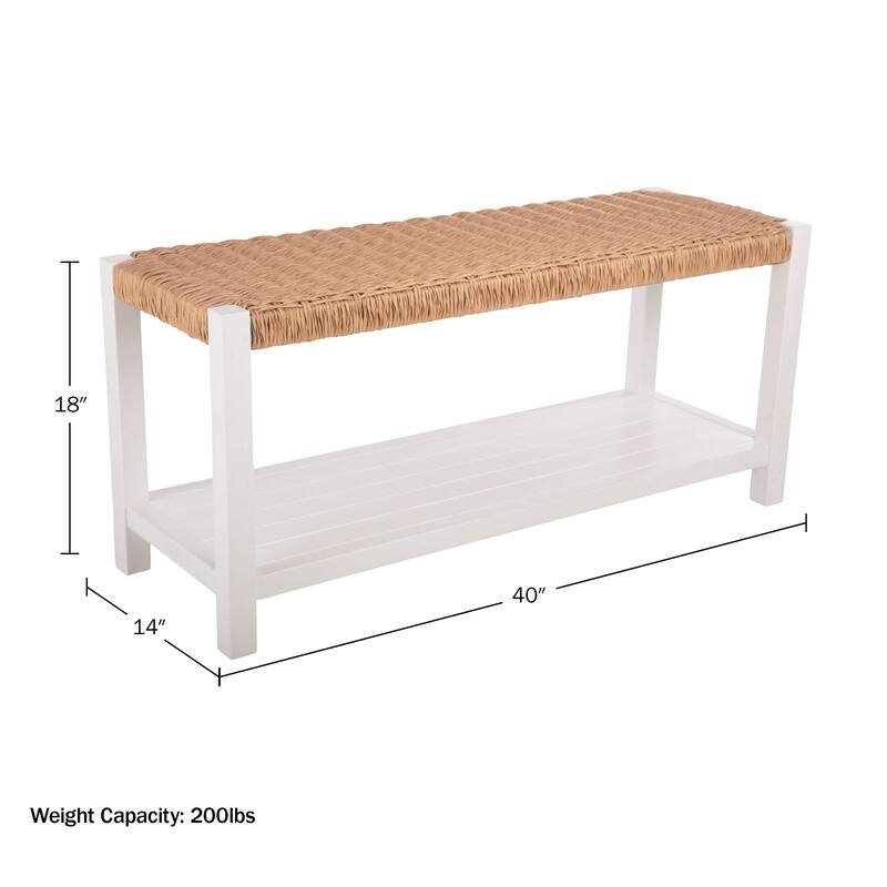 Newport 40" Wood Storage Bench with Handcrafted Woven Rope Seat, White