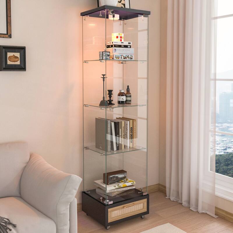 Modern Glass Display Cabinet with Drawer and LED lights for Living Room and Bedroom
