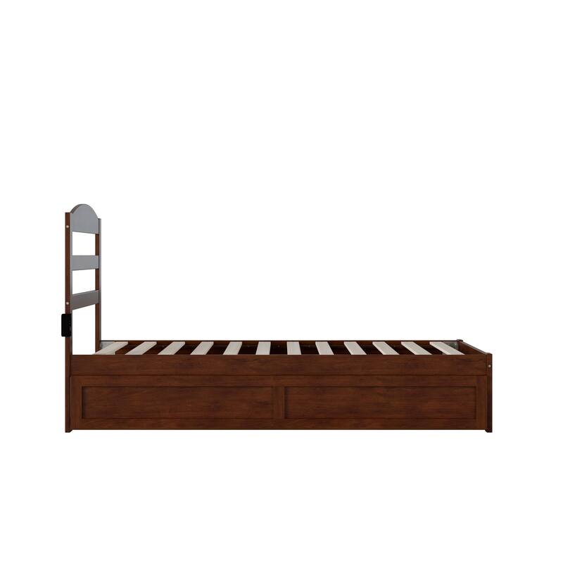 Twin Bed with Trundle - Walnut Finish Platform Bed Frame - Wood Slat Support - Modern Design