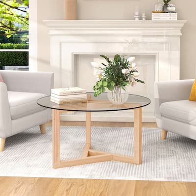 Round Tempered Glass Coffee Table with Wood Base