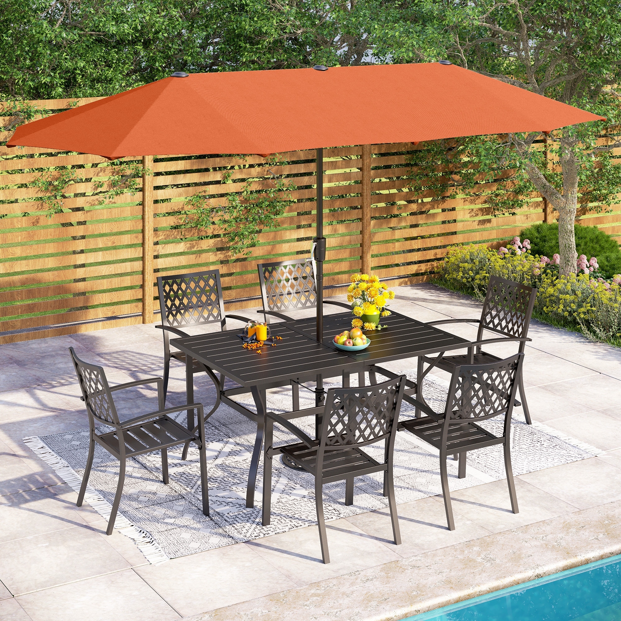 8 pc metal glass top patio table set with umbrella Phi Villa 60" Enlarged Basket-wave Sqaure The tempered glass tabletop is perfect for holding your favorite dishes and drinks MAISON ARTS 8 Pieces Outdoor
