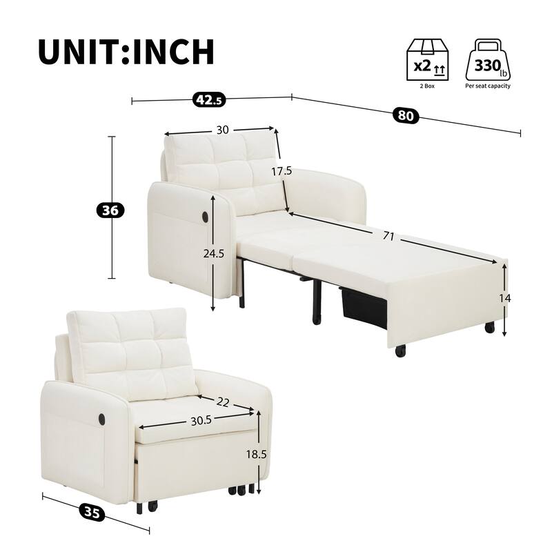 Roomfitters 3-in-1 Sleeper Chair Bed, 80'' Pull Out Lounge with USB Charging, Storage Pockets, Chenille