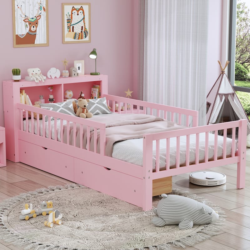 Pink Twin Size Bed with Headboard Storage, Safety Guardrails & Under-Bed Drawers