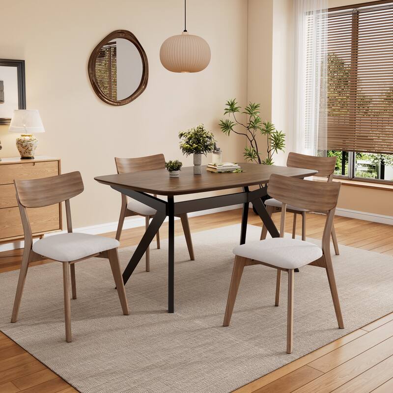 Dining Table Set with Rectangular Table and Upholstered Curved-Back Chairs, Optional 5-Piece or 7-Piece - Light Beige - 5-Piece