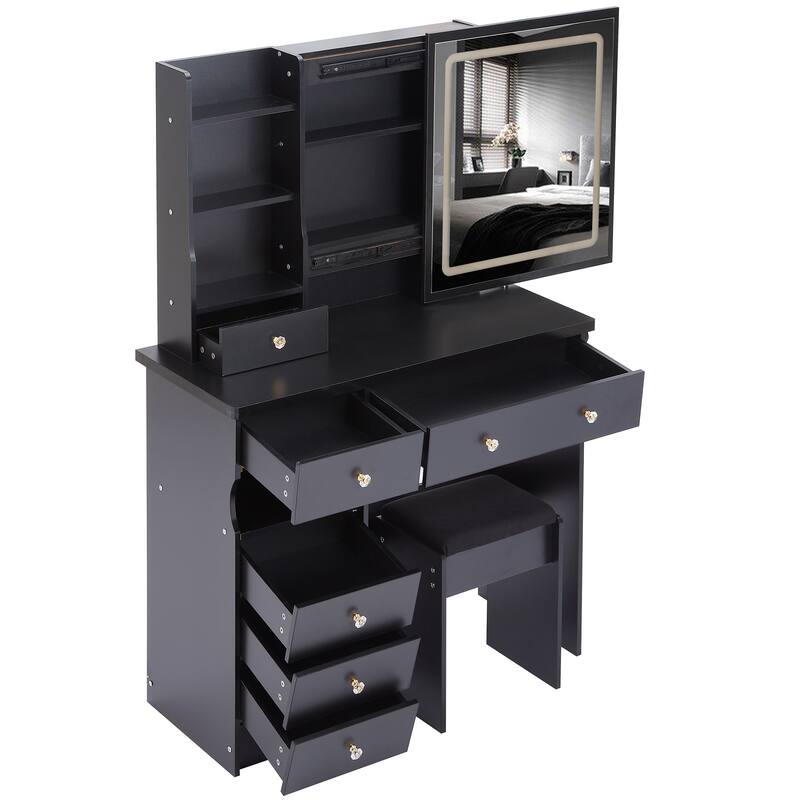 37" Middle Size Left Drawer Desktop Vanity Table + Cushioned Stool Dresser Set, Large Touch Control LED Sliding Mirror